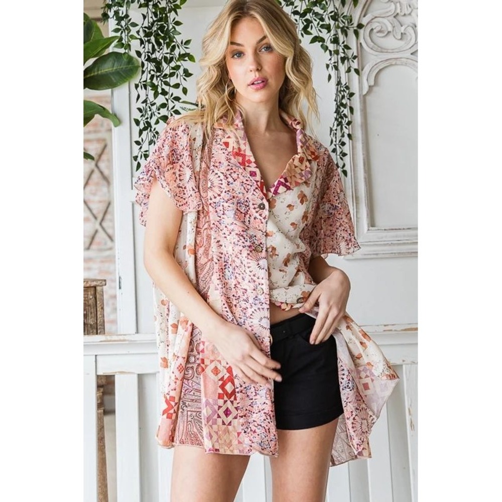 Oli & Hali Patchwork Sheer Print Tunic Blouse Large Boho Hippie Oversized